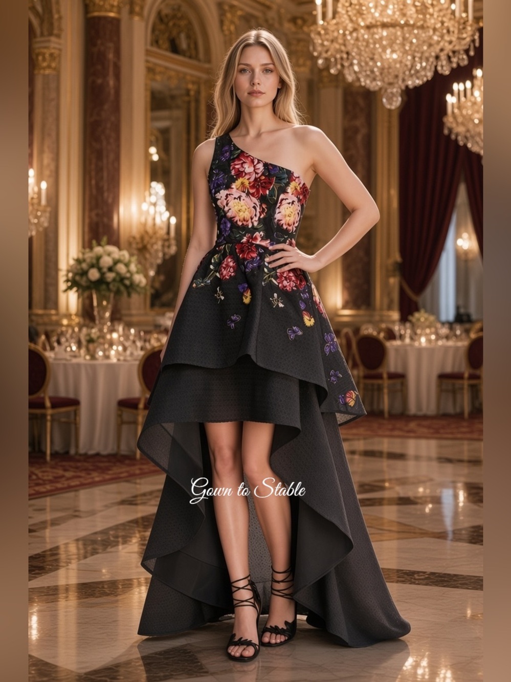 Marchesa Notte Floral Dégradé Tiered High-Low Cocktail Dress in Black/Pink